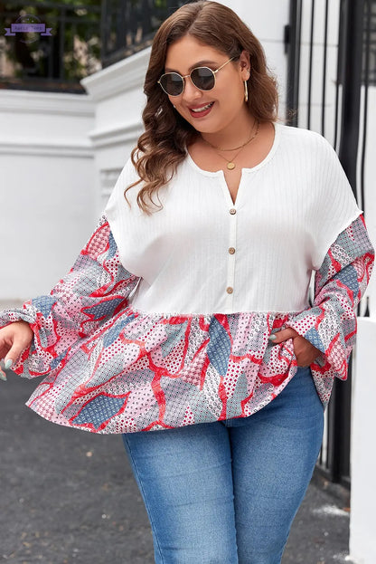 Apricot Plus Size Printed Patchwork Textured Buttoned Blouse Aaria Tees
