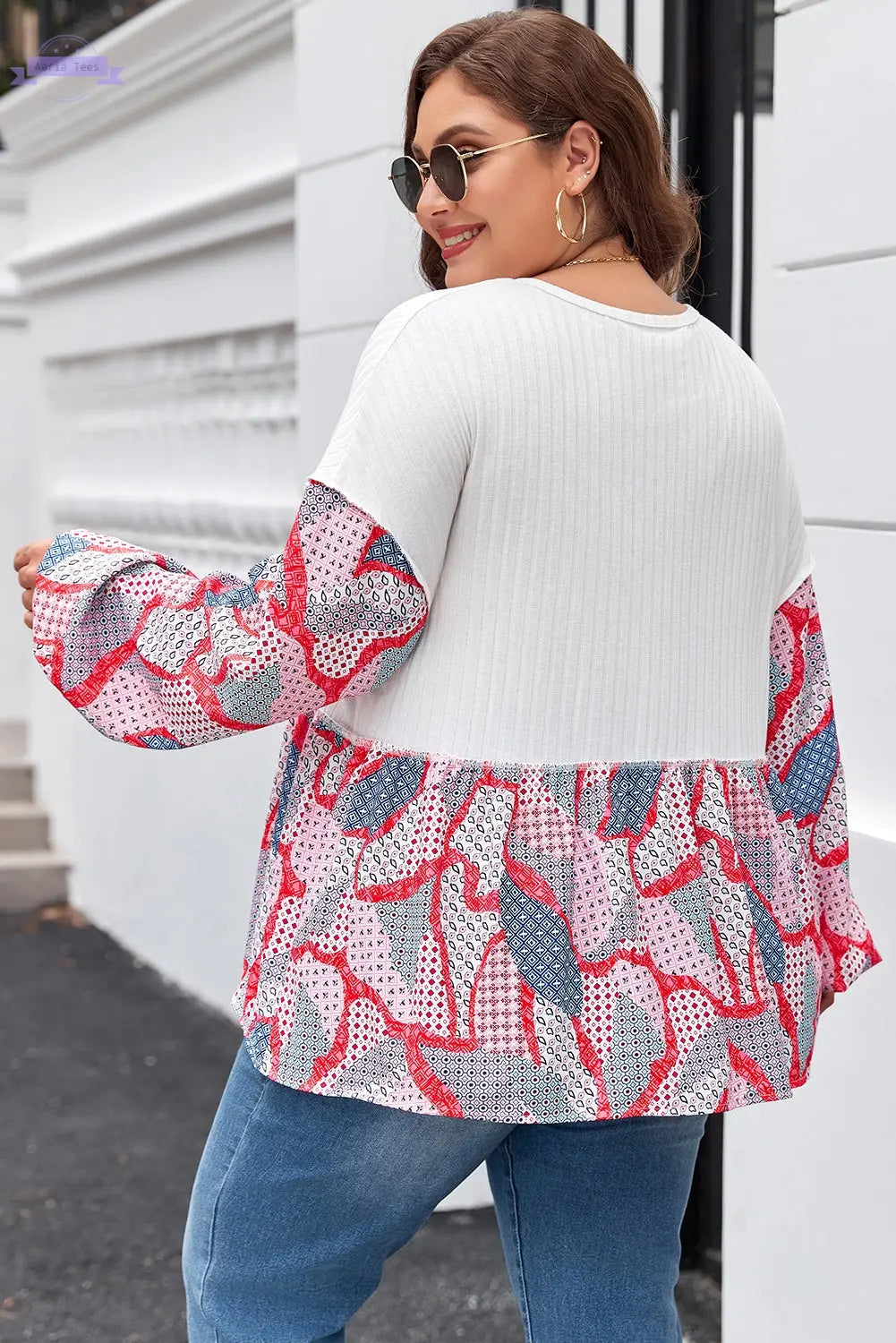 Apricot Plus Size Printed Patchwork Textured Buttoned Blouse Aaria Tees