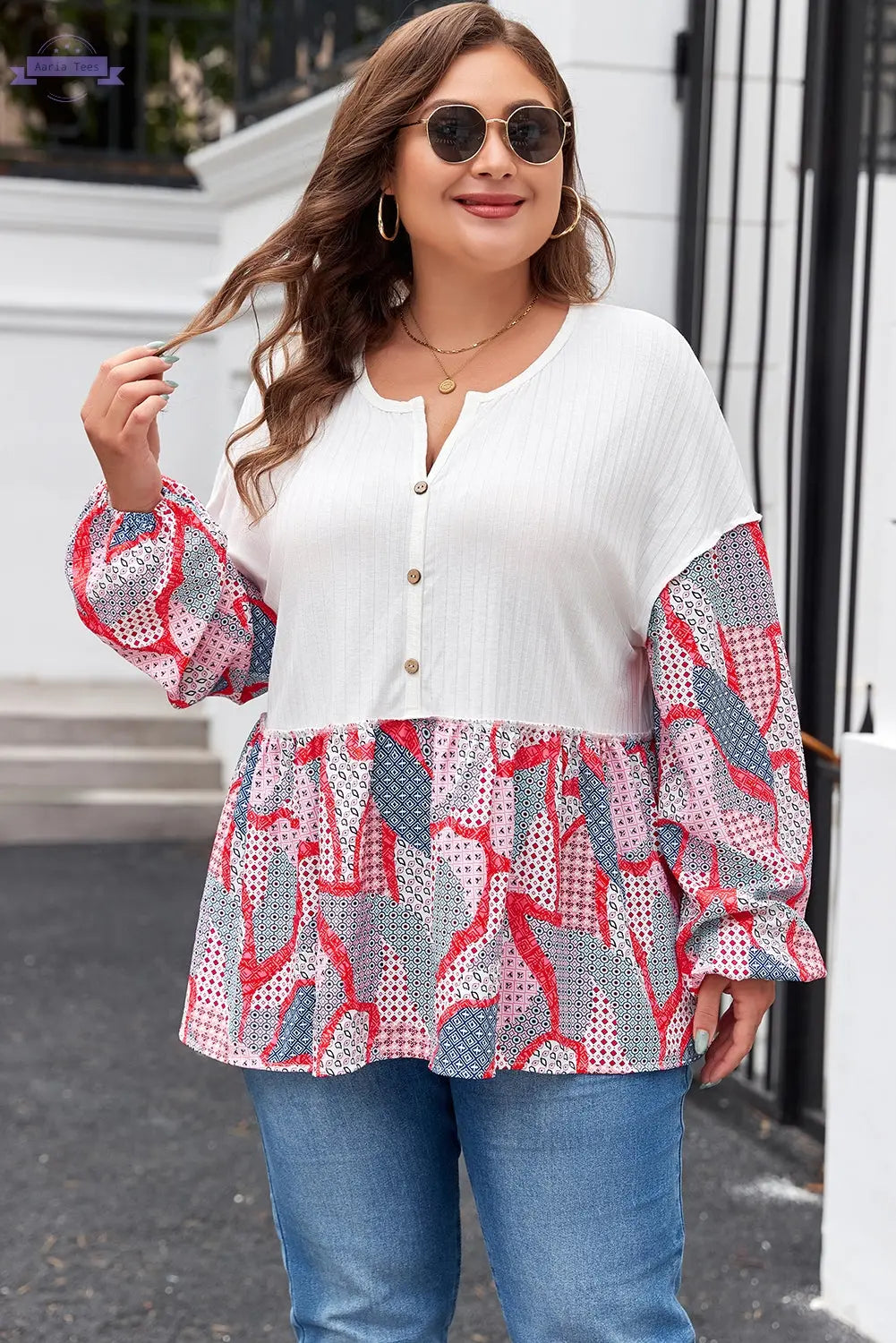 Apricot Plus Size Printed Patchwork Textured Buttoned Blouse Aaria Tees Aaria Tees