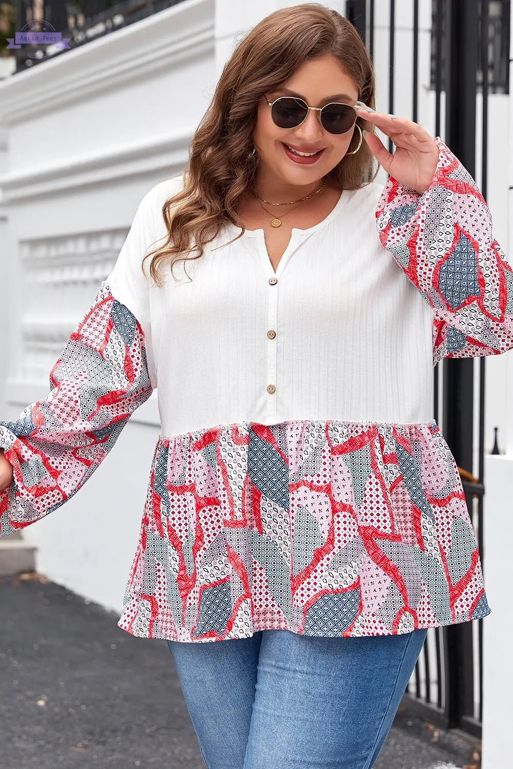 Apricot Plus Size Printed Patchwork Textured Buttoned Blouse Aaria Tees Aaria Tees
