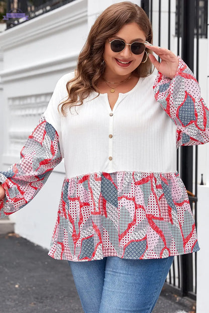 Apricot Plus Size Printed Patchwork Textured Buttoned Blouse Aaria Tees