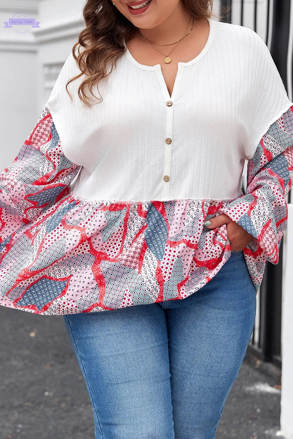 Apricot Plus Size Printed Patchwork Textured Buttoned Blouse Aaria Tees