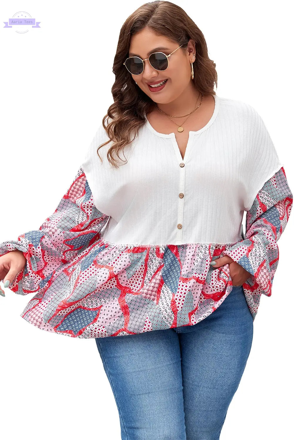 Apricot Plus Size Printed Patchwork Textured Buttoned Blouse Aaria Tees Aaria Tees