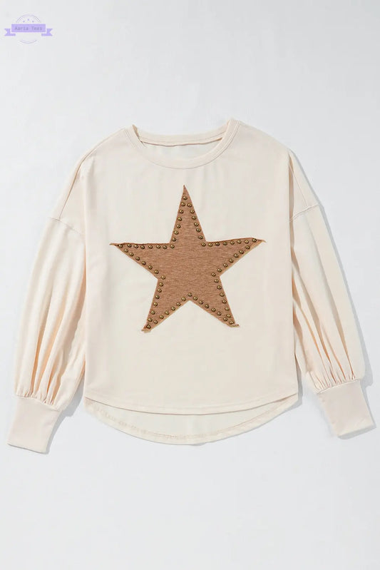 Apricot Studded Star Graphic Oversized Long Sleeve Top Aaria Tees
