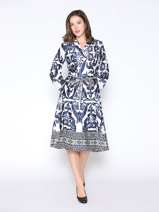 Floral Long Sleeve Lapel Collar Tie Belt Dress - Gracia D36953 - Aaria Tees