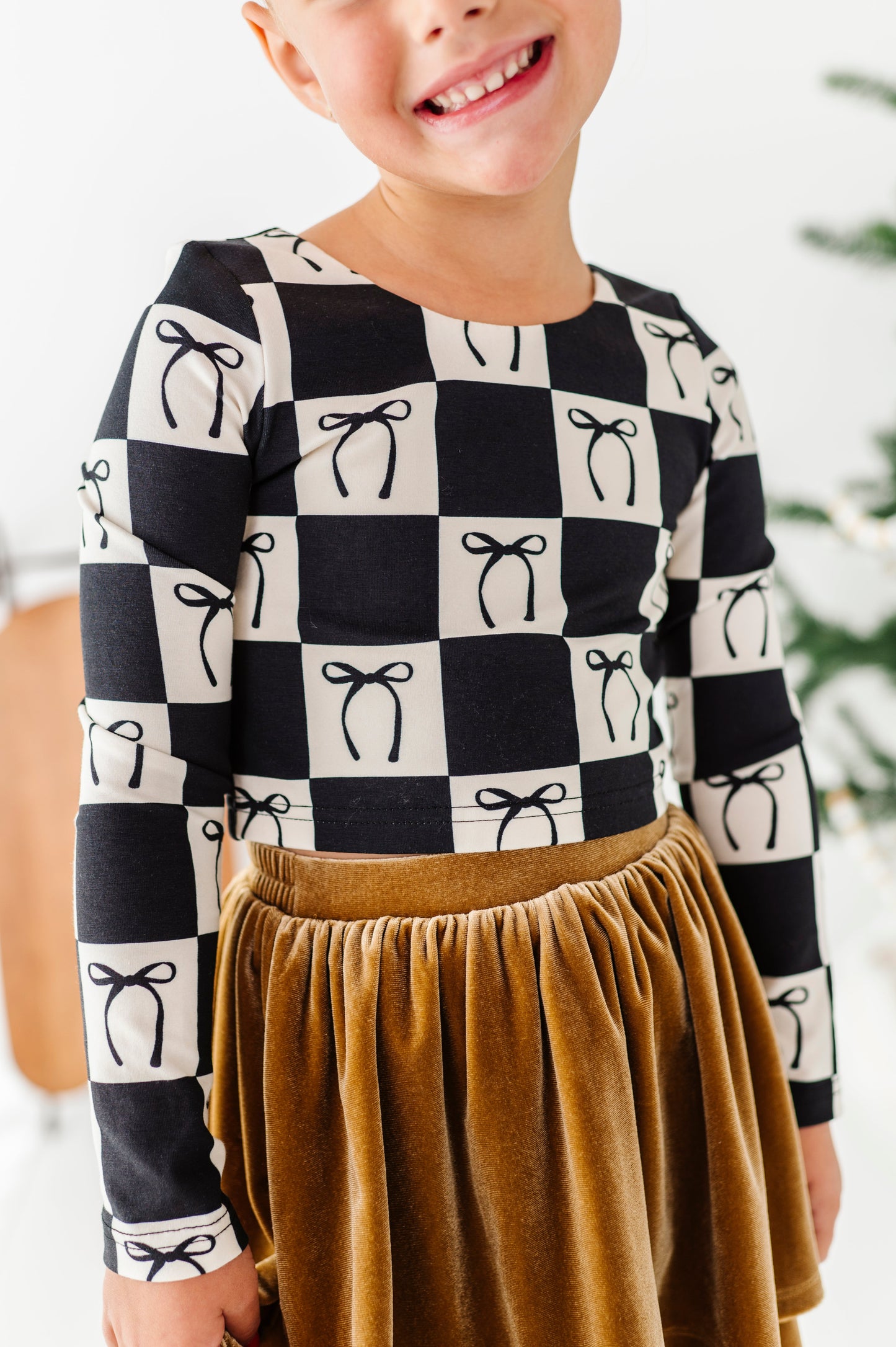 Checkered Bow | CROPPED Bow Back Long Sleeve Top