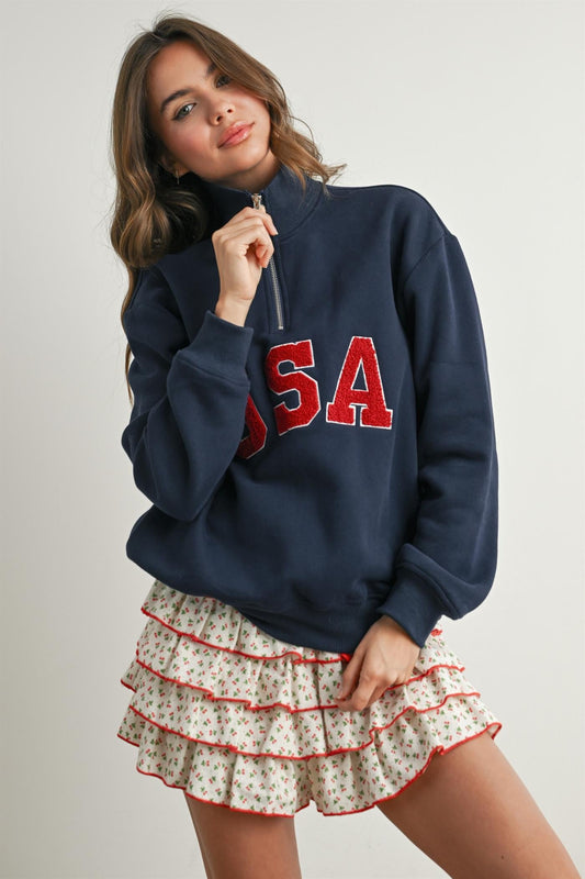 USA Chenille Patch Half-Zip Pullover Sweatshirt