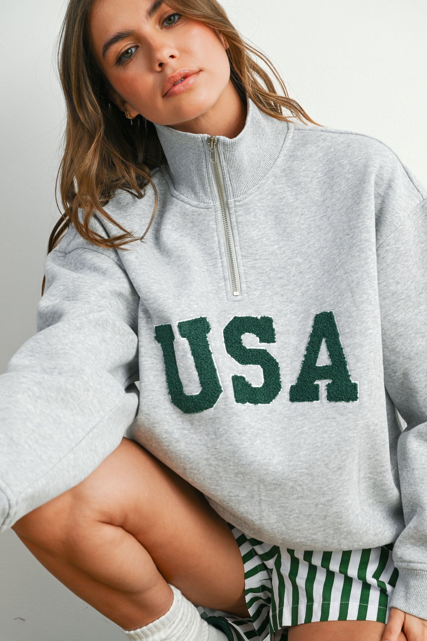 USA Chenille Patch Half-Zip Pullover Sweatshirt