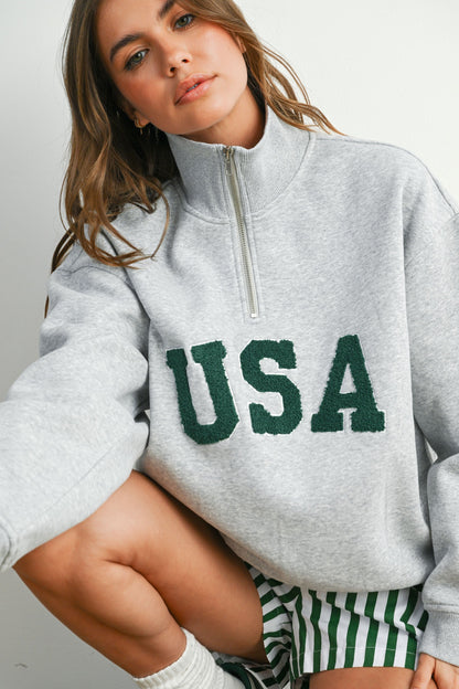 USA Chenille Patch Half-Zip Pullover Sweatshirt