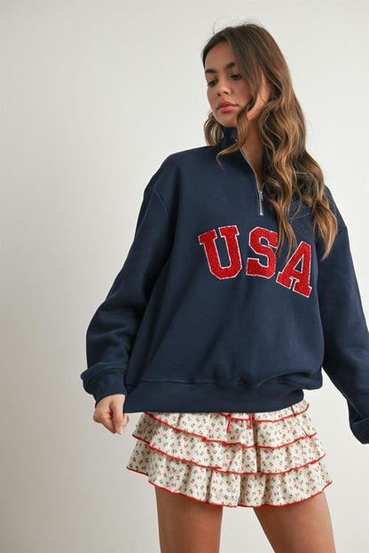 USA Chenille Patch Half-Zip Pullover Sweatshirt