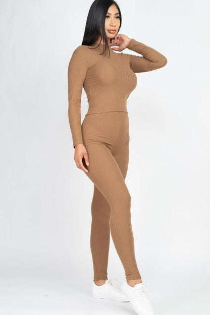 Ribbed Mock Neck Long Sleeve Top & Leggings Set (capella)