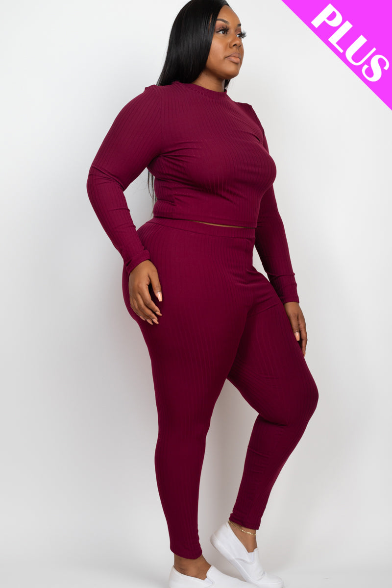 Plus Size Ribbed Mock Neck Long Sleeve Top & Leggings Set (capella)