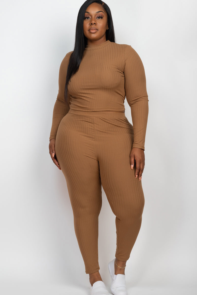 Plus Size Ribbed Mock Neck Long Sleeve Top & Leggings Set (capella)