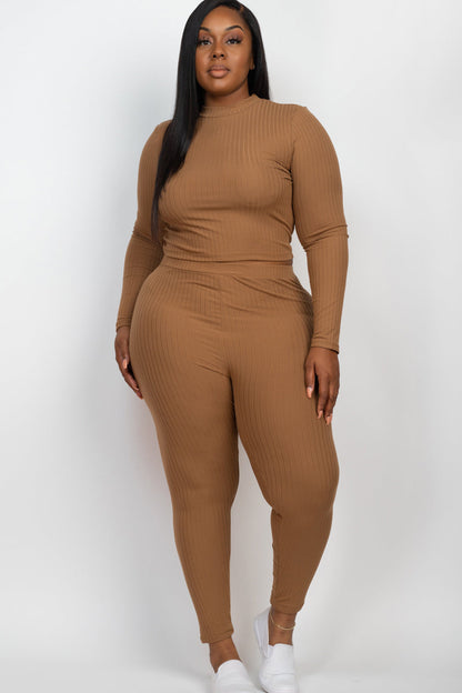 Plus Size Ribbed Mock Neck Long Sleeve Top & Leggings Set (capella)
