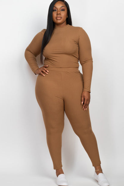Plus Size Ribbed Mock Neck Long Sleeve Top & Leggings Set (capella)