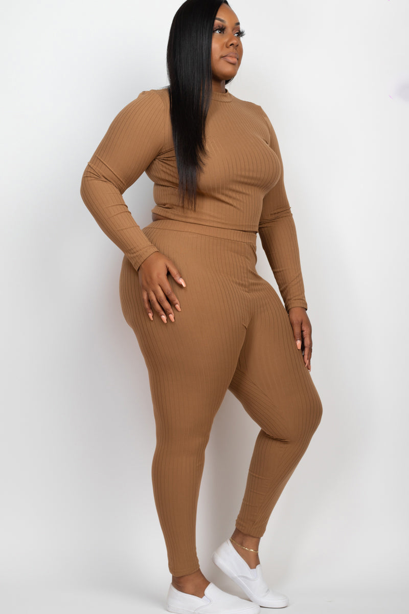 Plus Size Ribbed Mock Neck Long Sleeve Top & Leggings Set (capella)