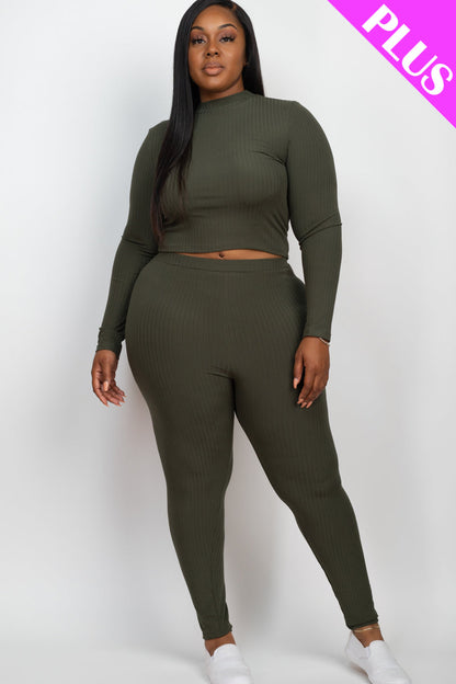 Plus Size Ribbed Mock Neck Long Sleeve Top & Leggings Set (capella)