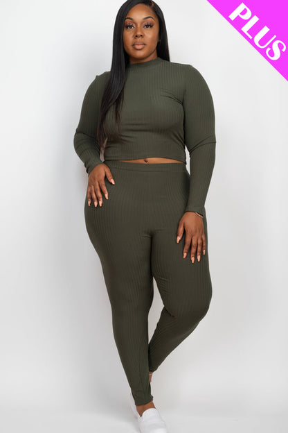 Plus Size Ribbed Mock Neck Long Sleeve Top & Leggings Set (capella)