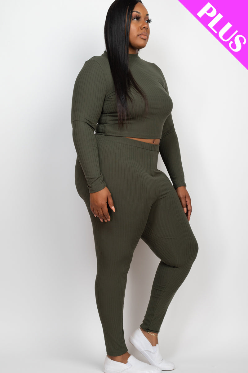 Plus Size Ribbed Mock Neck Long Sleeve Top & Leggings Set (capella)