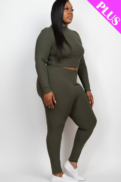 Plus Size Ribbed Mock Neck Long Sleeve Top & Leggings Set (capella)