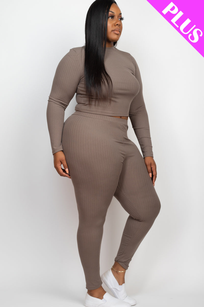 Plus Size Ribbed Mock Neck Long Sleeve Top & Leggings Set (capella)