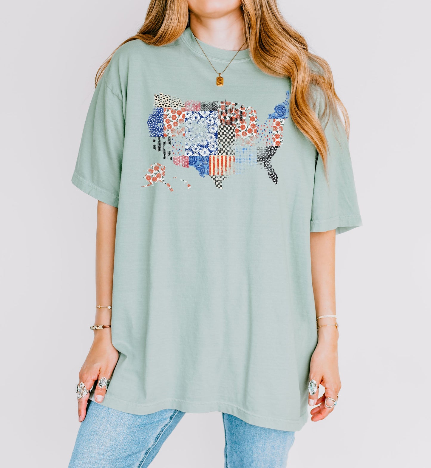 America map USA map Flag flower Garment Dyed T Shirt