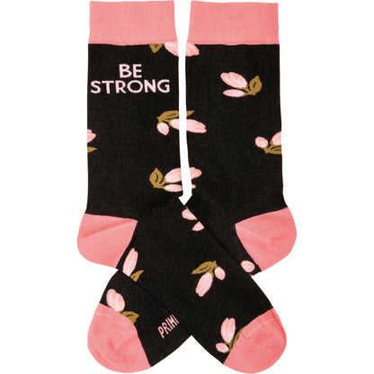 Be Strong Floral Socks in Black Background | Motivational One Size Fits Most Novelty Socks