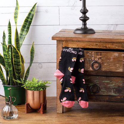 Be Strong Floral Socks in Black Background | Motivational One Size Fits Most Novelty Socks