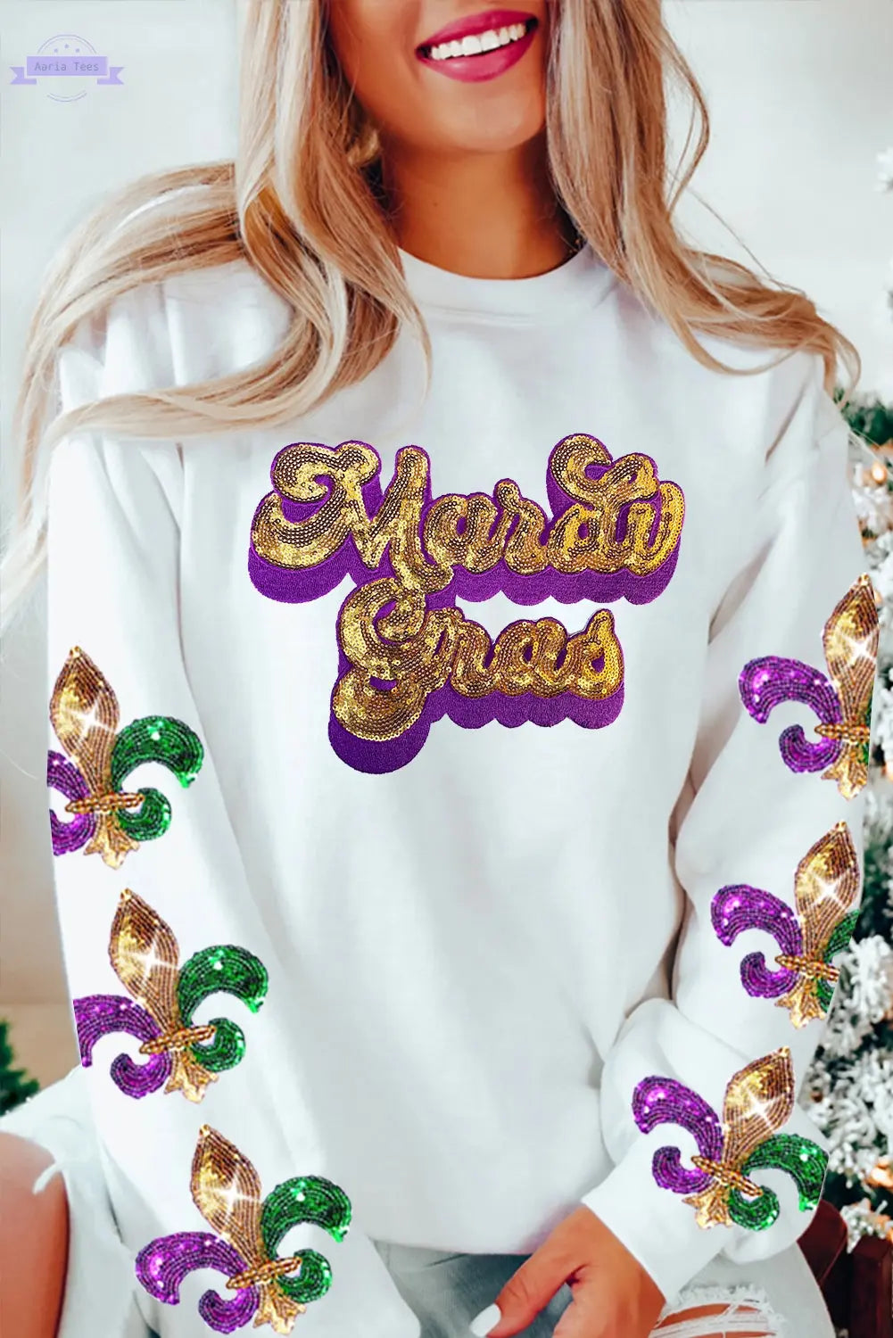 Beige Sequin Mardi Gras Patched Pattern Fleur de Lis Sleeve Sweatshirt Aaria Tees