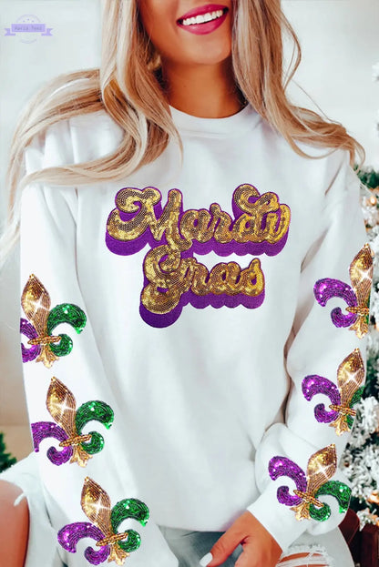 Beige Sequin Mardi Gras Patched Pattern Fleur de Lis Sleeve Sweatshirt Aaria Tees