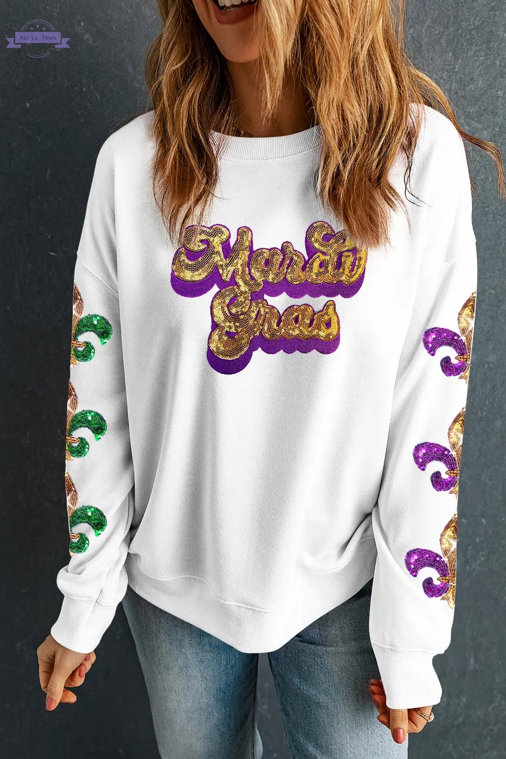 Beige Sequin Mardi Gras Patched Pattern Fleur de Lis Sleeve Sweatshirt Aaria Tees