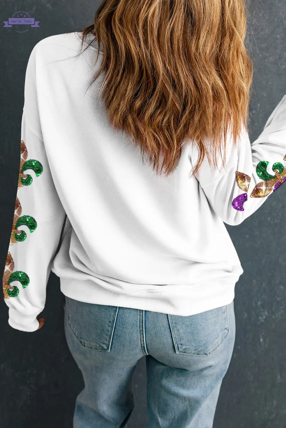 Beige Sequin Mardi Gras Patched Pattern Fleur de Lis Sleeve Sweatshirt Aaria Tees