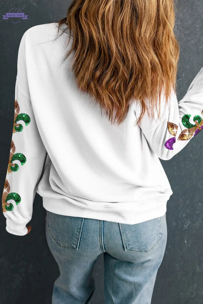 Beige Sequin Mardi Gras Patched Pattern Fleur de Lis Sleeve Sweatshirt Aaria Tees