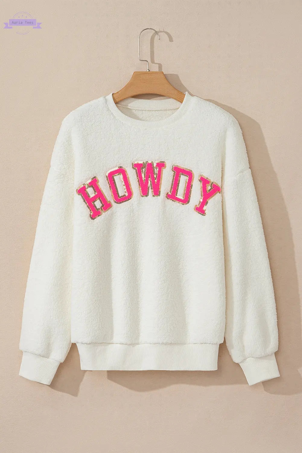 Beige Sherpa HOWDY Patched Pullover Sweatshirt Aaria Tees