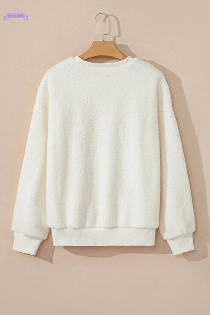 Beige Sherpa HOWDY Patched Pullover Sweatshirt Aaria Tees