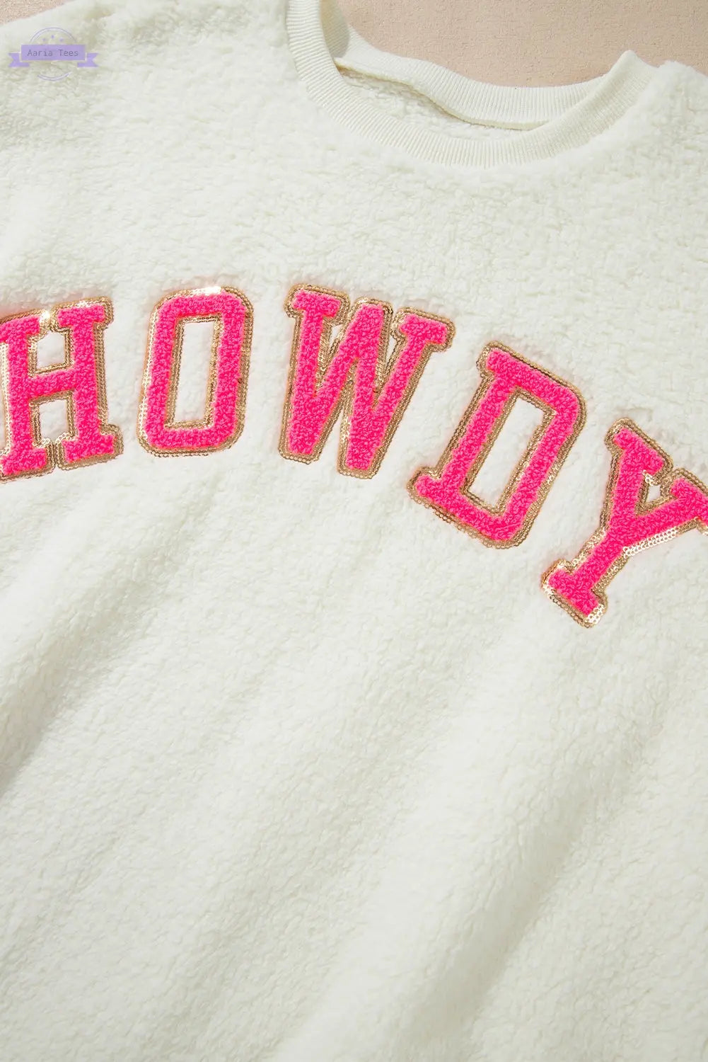 Beige Sherpa HOWDY Patched Pullover Sweatshirt Aaria Tees