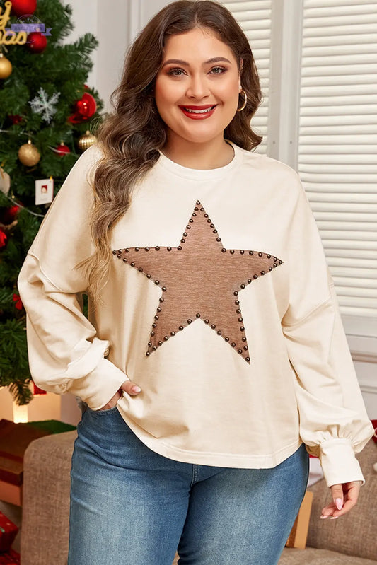 Beige Star Shape Studded Crew Neck Plus Size T Shirt Aaria Tees