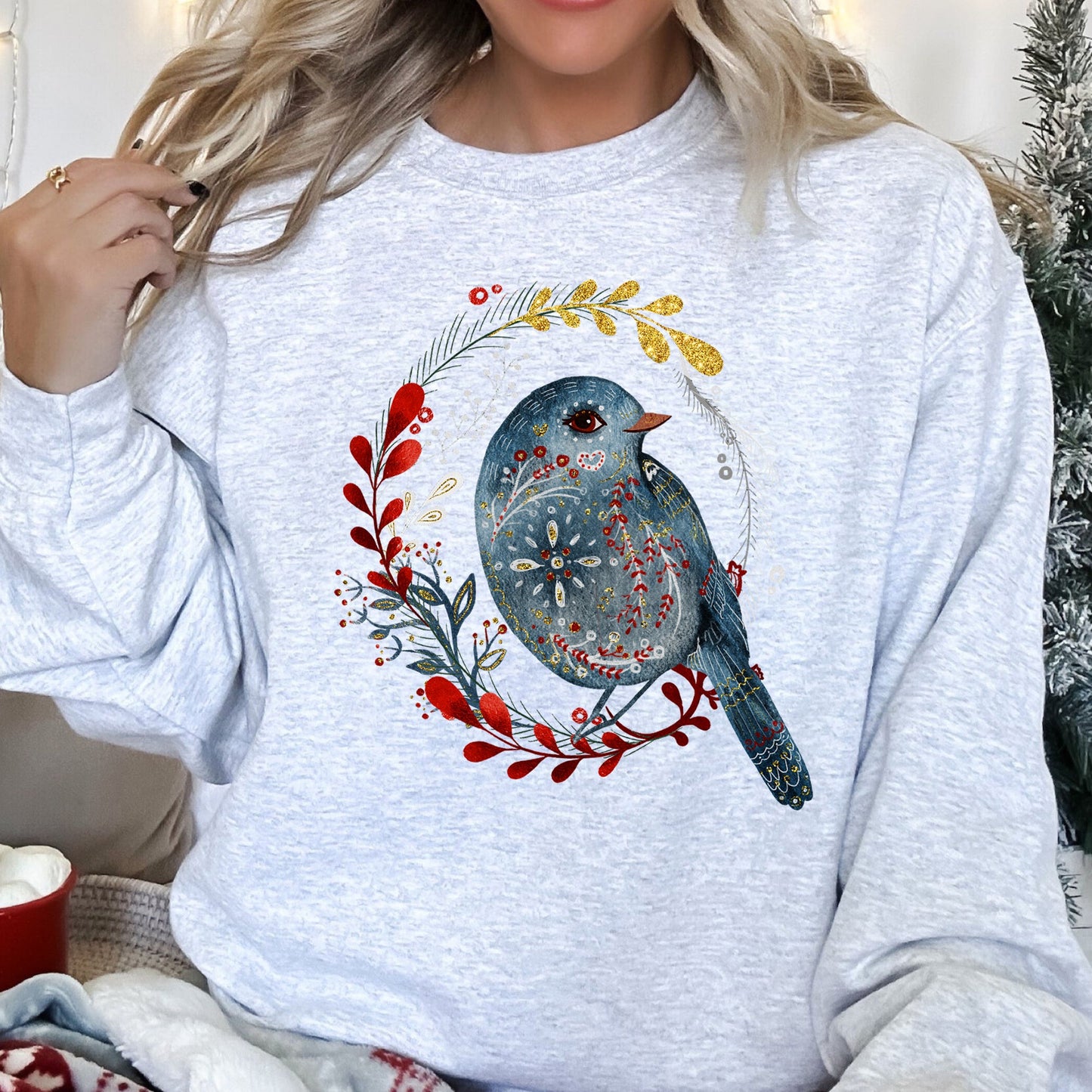 Bird Folk Art Scandinavian Winter Christmas Sweatshirt