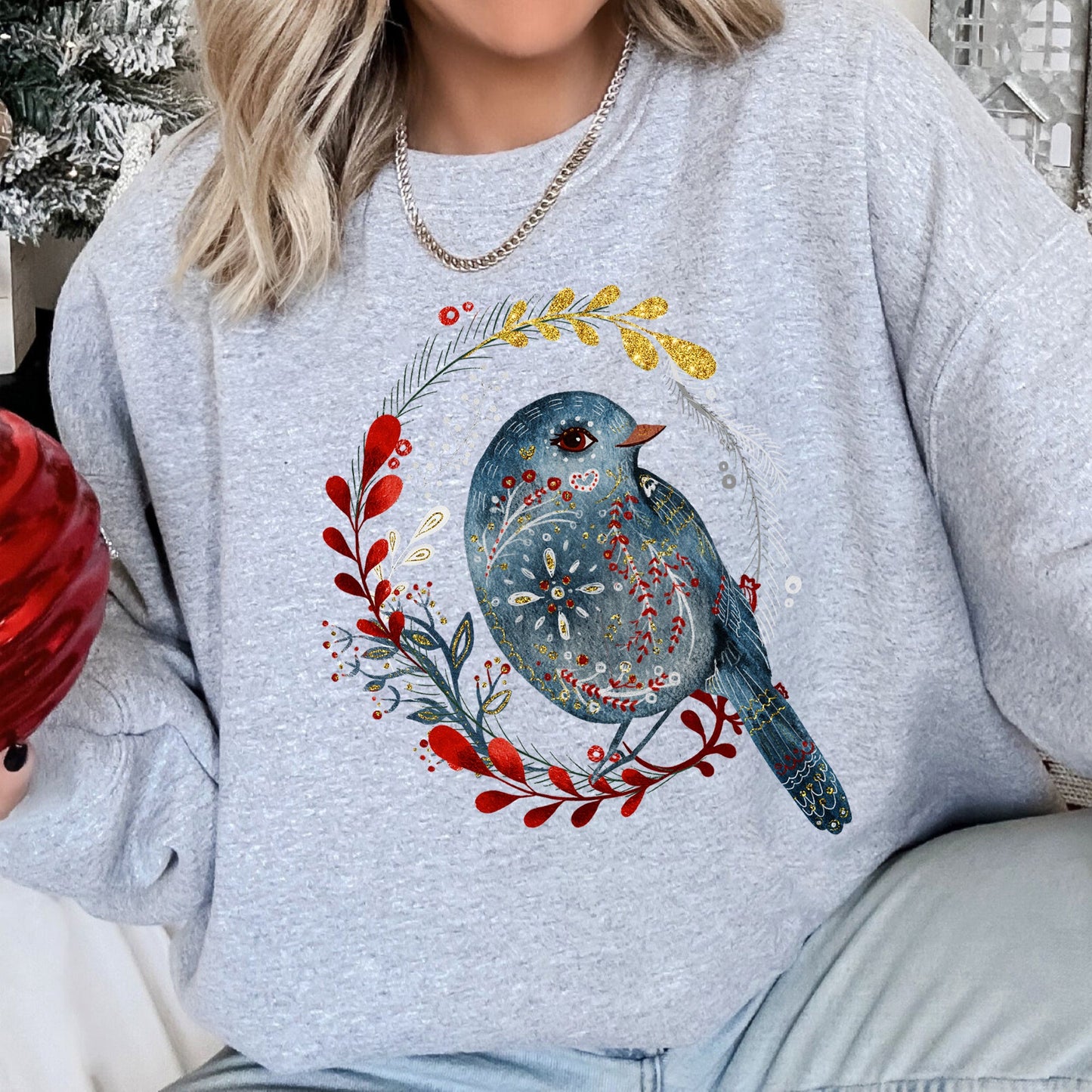 Bird Folk Art Scandinavian Winter Christmas Sweatshirt