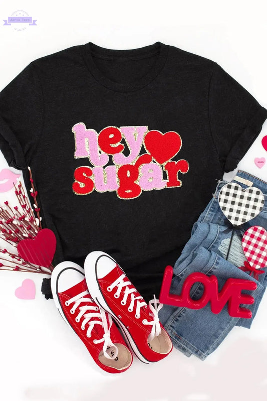 Black Chenille Heart hey sugar Patched Crewneck Valentines Tee Aaria Tees