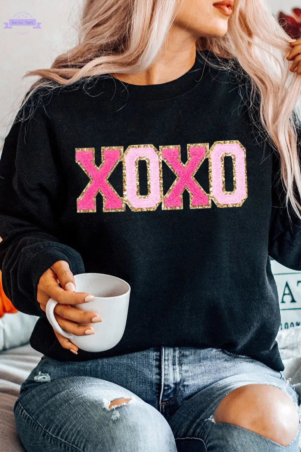 Black Chenille XOXO Patched Drop Shoulder Valentines Pullover Sweatshirt Aaria Tees