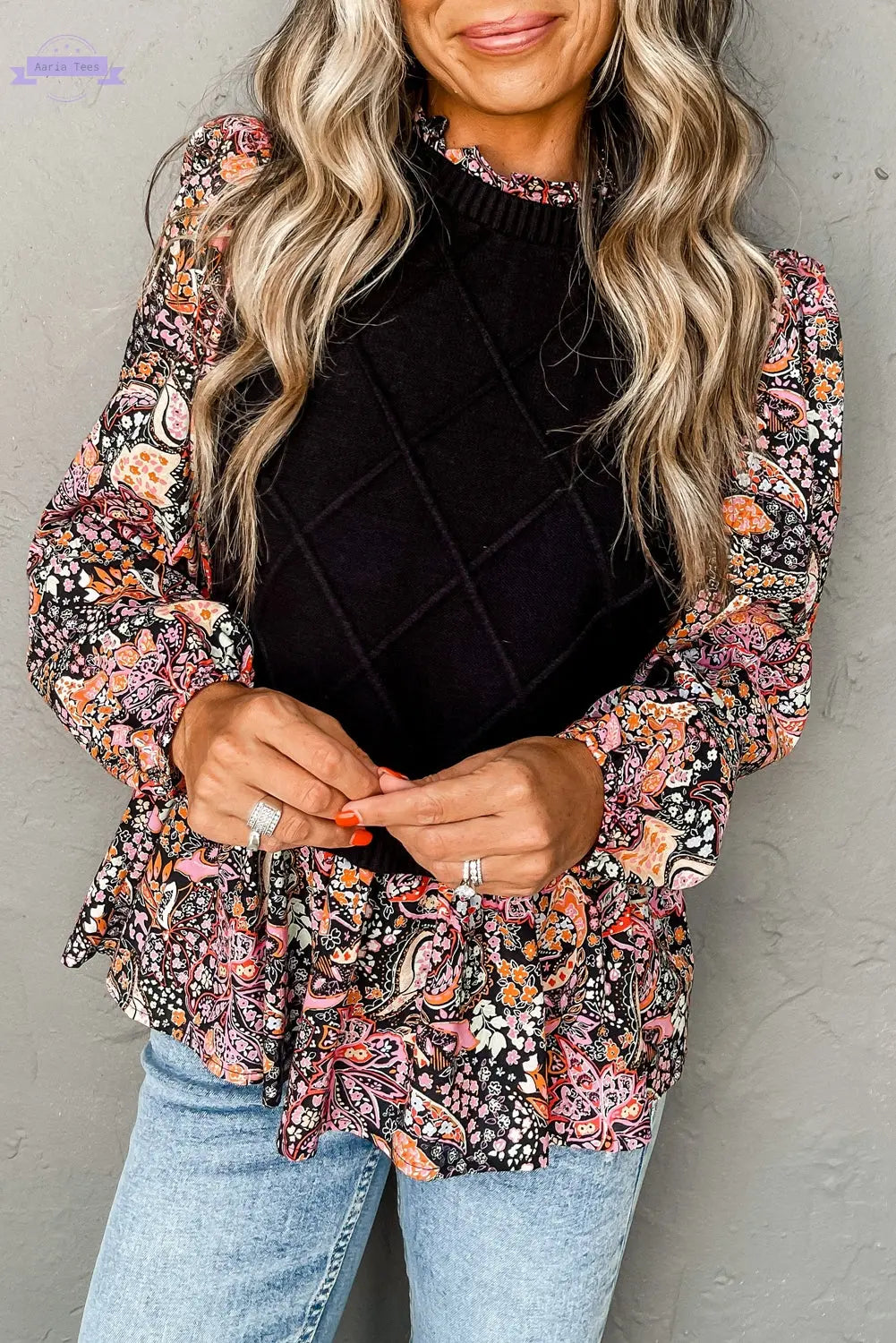 Black Contrast Floral Sleeve Peplum Sweater - Aaria Tees