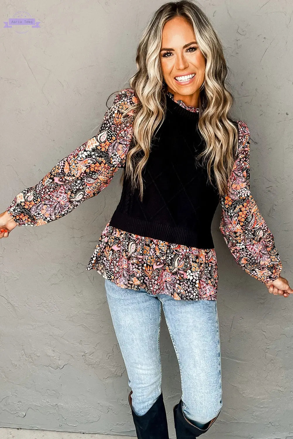 Black Contrast Floral Sleeve Peplum Sweater - Aaria Tees