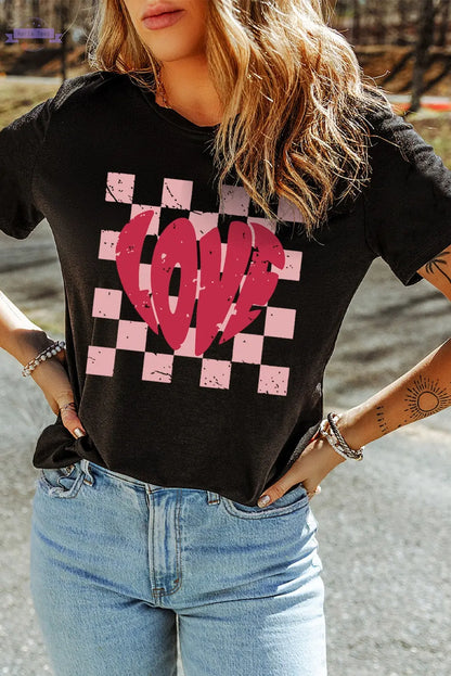 Black LOVE Checkered Graphic Valentine Tee Aaria Tees