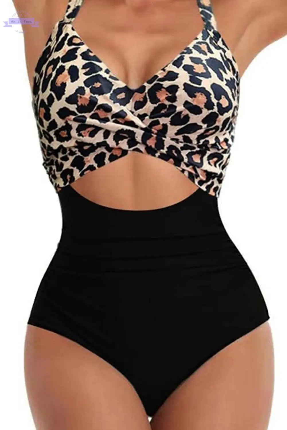 Black Leopard 2-tone Crossed Cutout Backless Monokini Aaria Tees