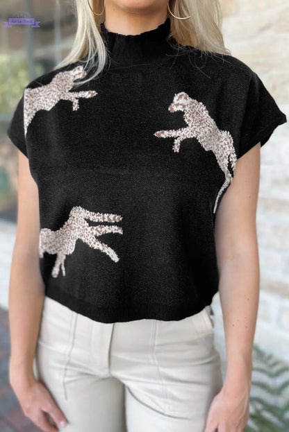 Black Lively Cheetah Pattern High Neck Short Sleeve Sweater Aaria Tees