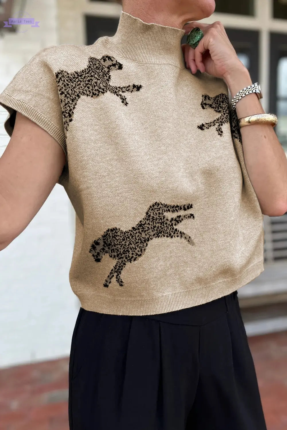 Black Lively Cheetah Pattern High Neck Short Sleeve Sweater Aaria Tees