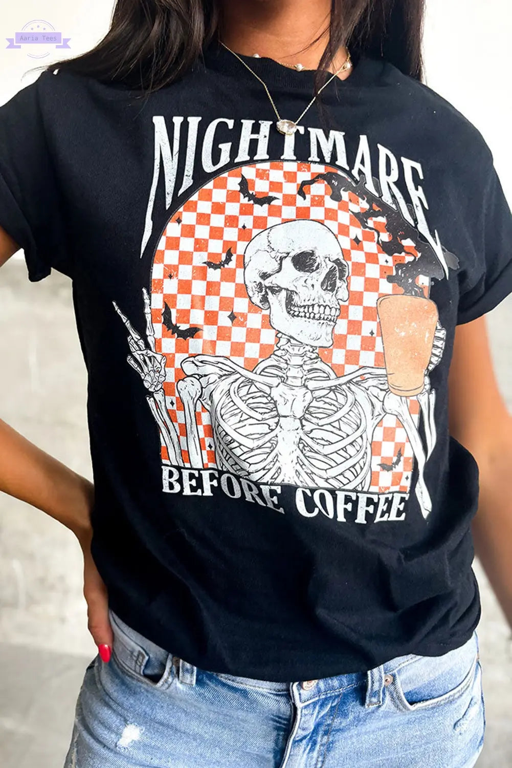 Black Nightmare Before Coffee Skull Checkerboard Graphic Halloween Tee Aaria Tees