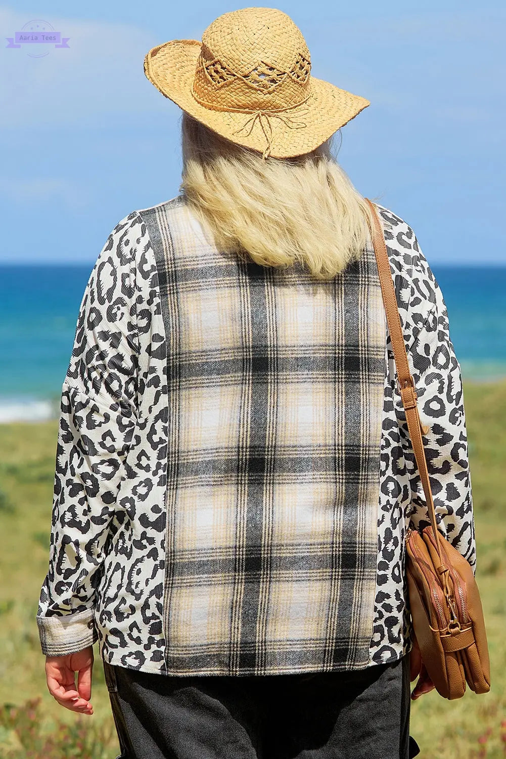 Black Plus Size Plaid Leopard Printed Patchwork Button Up Shacket Aaria Tees