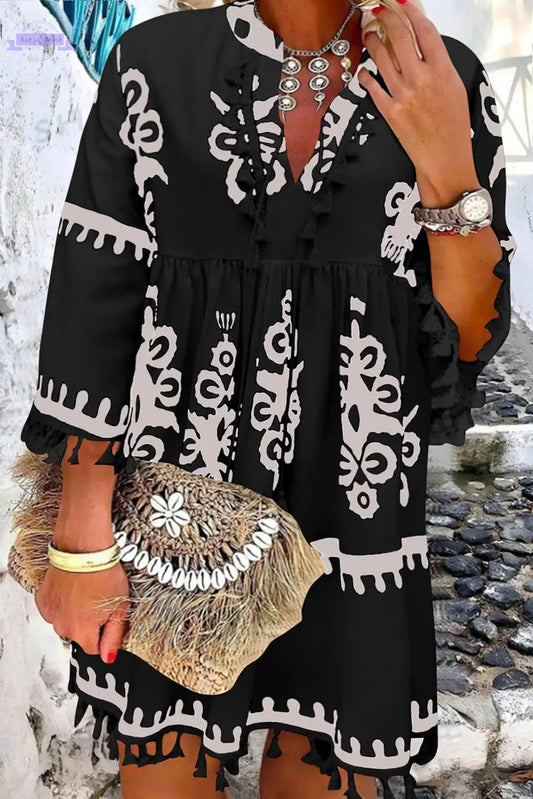 Black Plus Size Western Floral Print Fringed V Neck Dress Aaria Tees